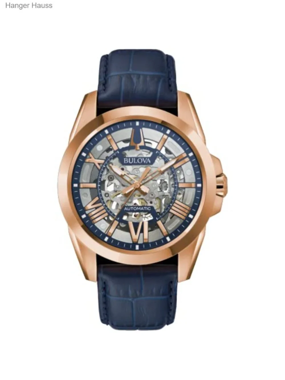 Men's Automatic Skeleton Watch 43mm Rose Gold Stainless Steel Leather Strap 100M
